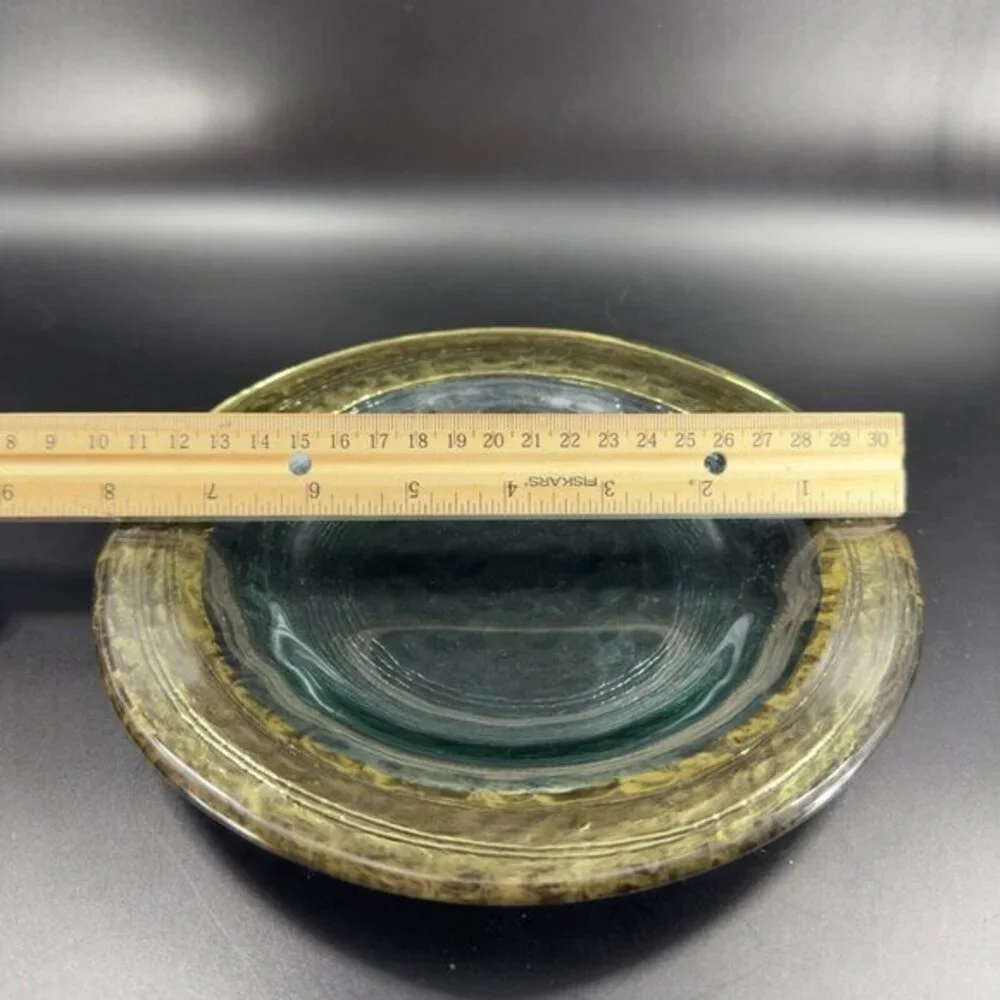 Vintage Italian Hand Made Fused Art Glass Plate Dish Transparent Green With Gold